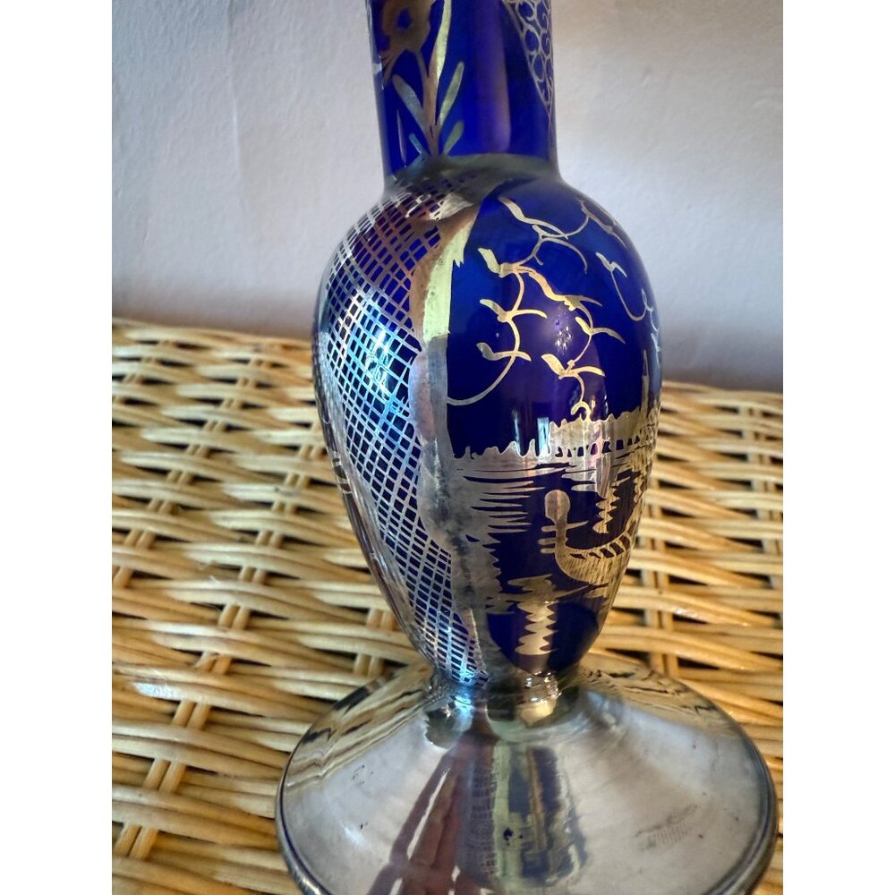 Vintage 50's Venetian Art Glass Bud Vase Blue Silver Overlay Gondola - Picture 4 of 11